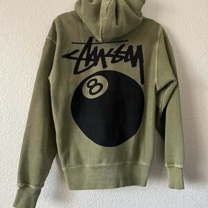 authentic stussy- stüssy 8 ball pigmented dyed olive hoodie